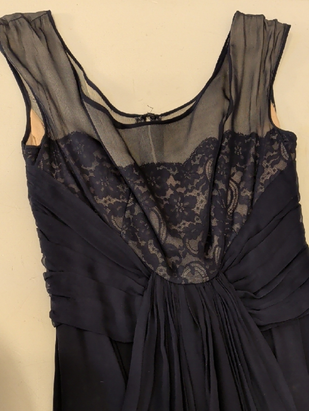 40s 50s Elegant Navy Sheer Lace Yoke Chiffon Drapef Bubble Hem Cocktail Dress - Picture 15 of 16